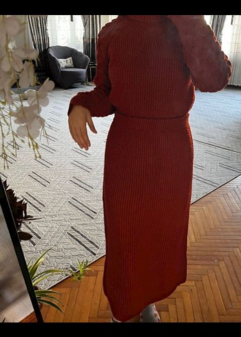 Bordo Örme Boğazlı Kadın Triko Takım - Görsel 2