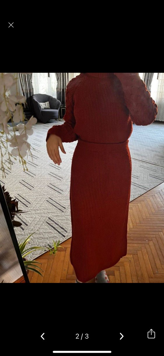 Bordo Örme Boğazlı Kadın Triko Takım - Görsel 2