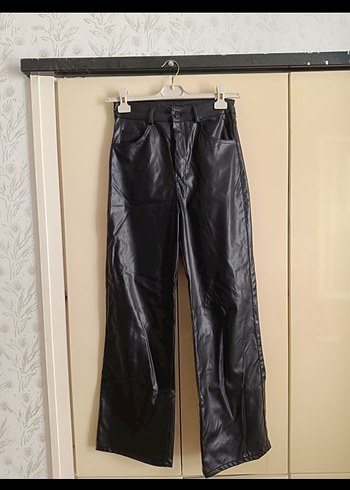 Deri Siyah Kadın Midi Boy Bol Paça Pantolon - Görsel 2