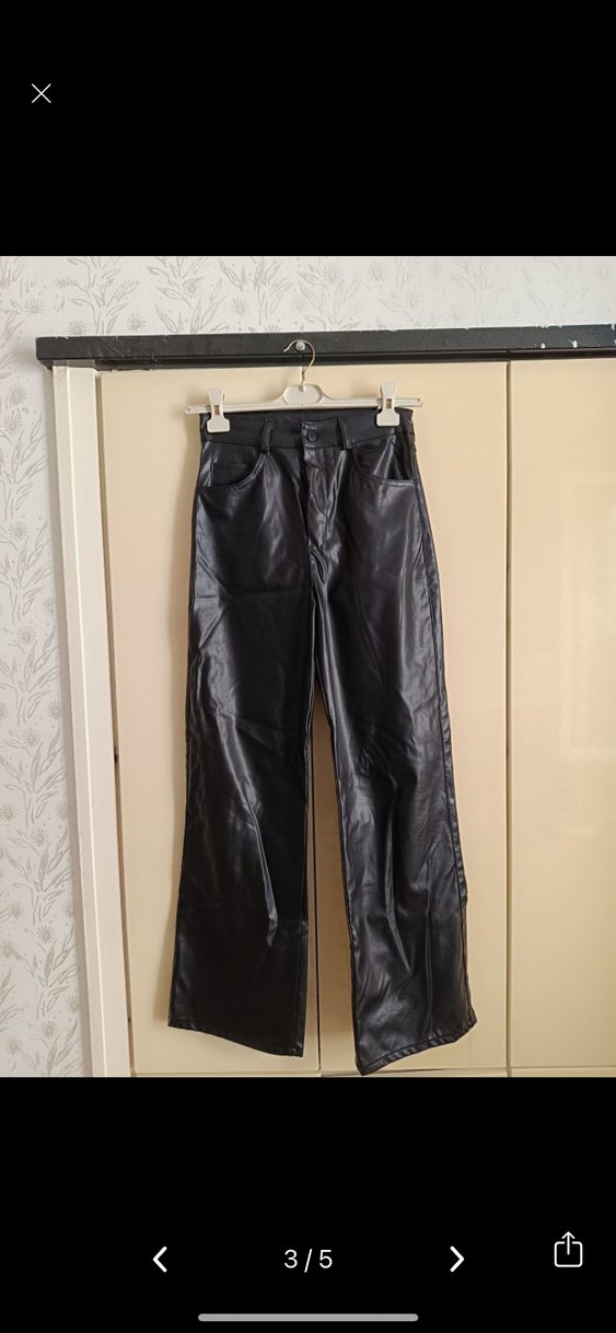 Deri Siyah Kadın Midi Boy Bol Paça Pantolon - Görsel 2