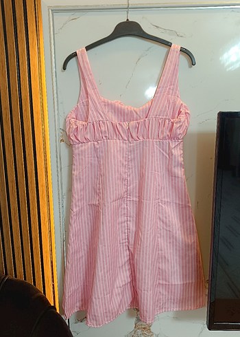 Pembe Çizgili Keten Mini Elbise - Görsel 3