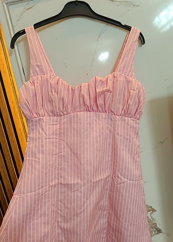Pembe Çizgili Keten Mini Elbise - Görsel 2