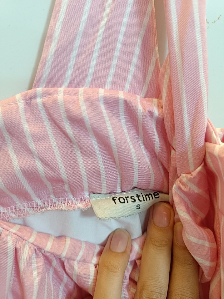 Pembe Çizgili Keten Mini Elbise - Görsel 5