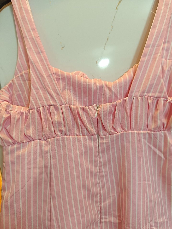 Pembe Çizgili Keten Mini Elbise - Görsel 4