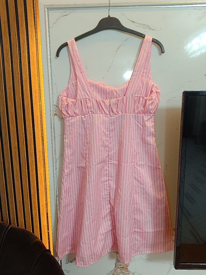 Pembe Çizgili Keten Mini Elbise - Görsel 3