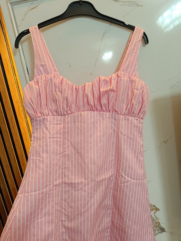 Pembe Çizgili Keten Mini Elbise - Görsel 2