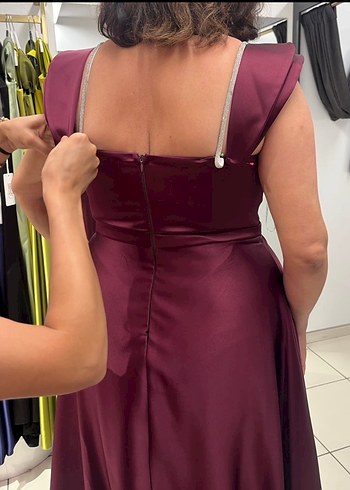 Bordo Uzun Abiye Elbise Drapeli Detaylı askılı - Görsel 3