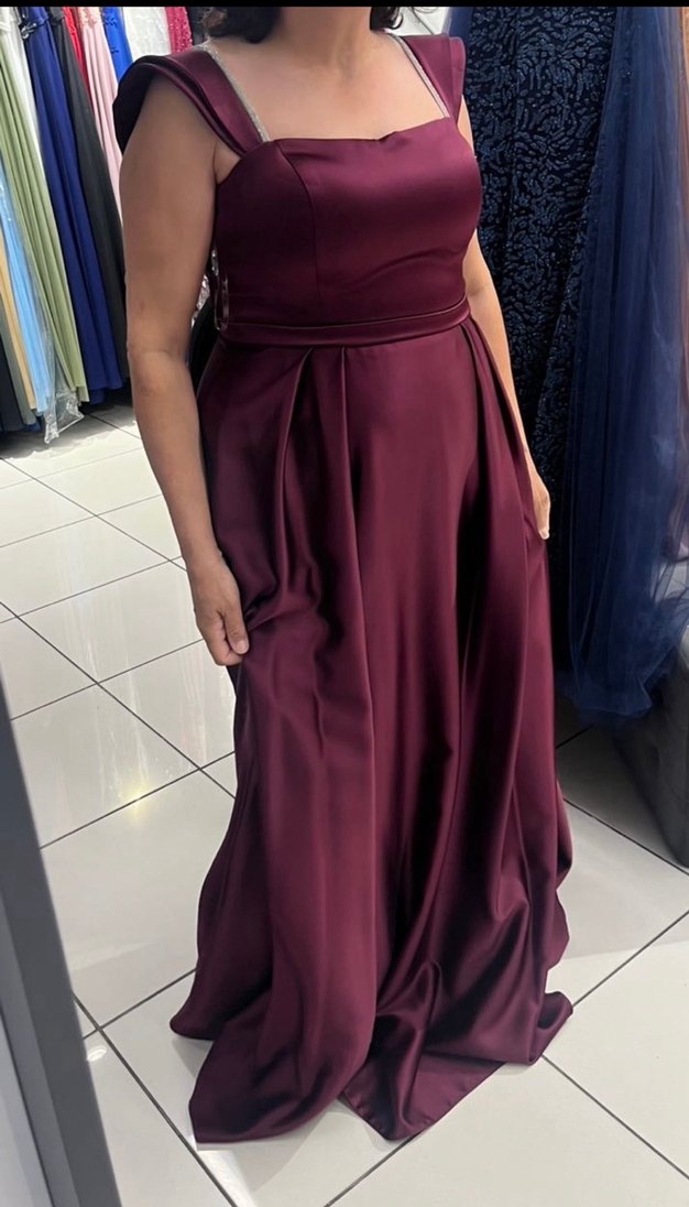 Bordo Uzun Abiye Elbise Drapeli Detaylı askılı - Görsel 2