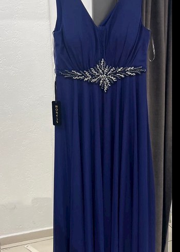 Lacivert V Yaka Uzun Abiye Elbise - Görsel 4