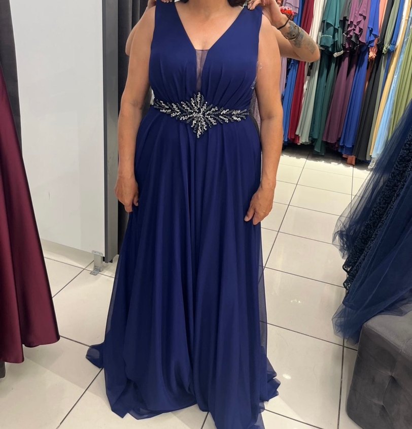 Lacivert V Yaka Uzun Abiye Elbise - Görsel 2