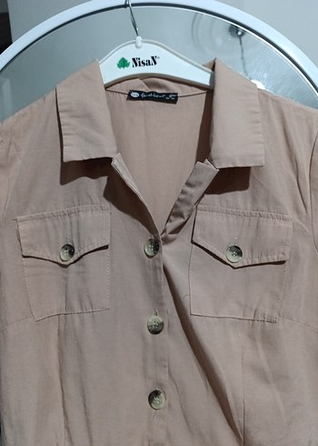 Bej V Yaka Düğmeli Kısa Kollu Kadın Gömlek elbise - Görsel 4