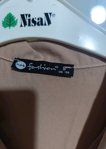 Bej V Yaka Düğmeli Kısa Kollu Kadın Gömlek elbise - Görsel 2