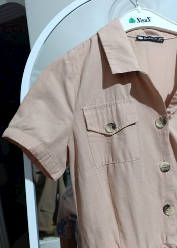 Bej V Yaka Düğmeli Kısa Kollu Kadın Gömlek elbise - Görsel 5