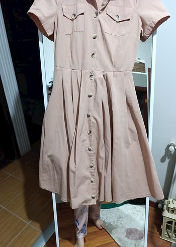 Bej V Yaka Düğmeli Kısa Kollu Kadın Gömlek elbise - Görsel 3