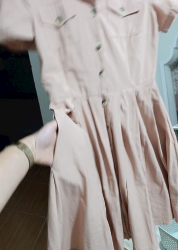 Bej V Yaka Düğmeli Kısa Kollu Kadın Gömlek elbise - Görsel 6