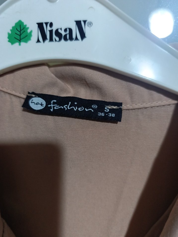 Bej V Yaka Düğmeli Kısa Kollu Kadın Gömlek elbise - Görsel 2