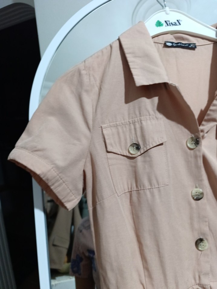 Bej V Yaka Düğmeli Kısa Kollu Kadın Gömlek elbise - Görsel 5