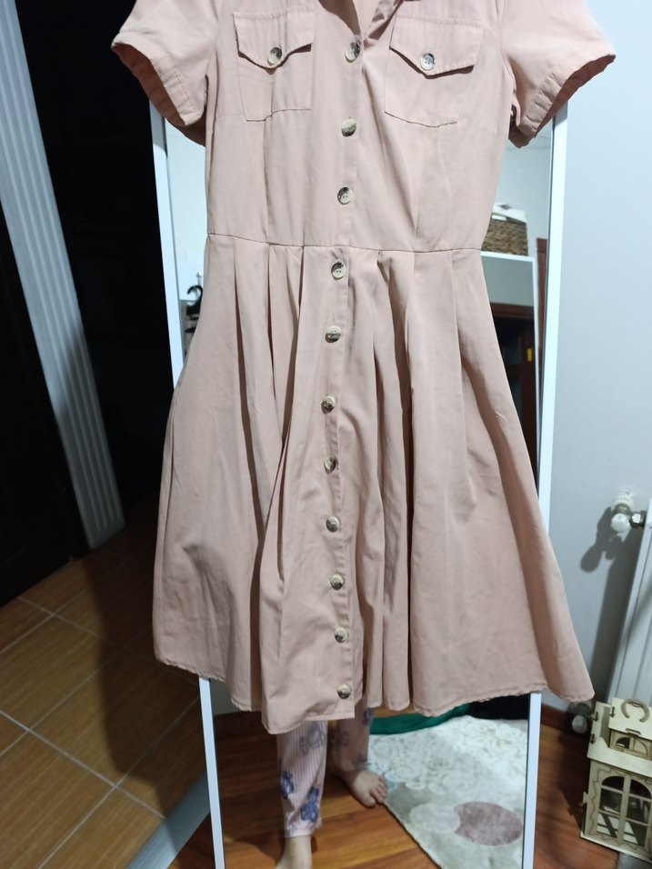 Bej V Yaka Düğmeli Kısa Kollu Kadın Gömlek elbise - Görsel 3