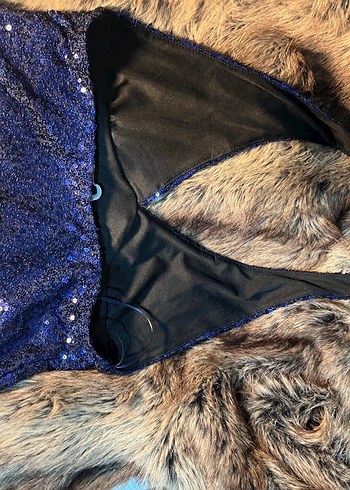 Mavi Parlak pullu Kadın halter yaka crop - Görsel 5