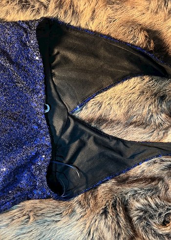 Mavi Parlak pullu Kadın halter yaka crop - Görsel 9