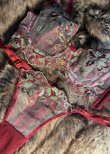 Bordo Nakışlı Bohem Sütyen Takımı - Görsel 5