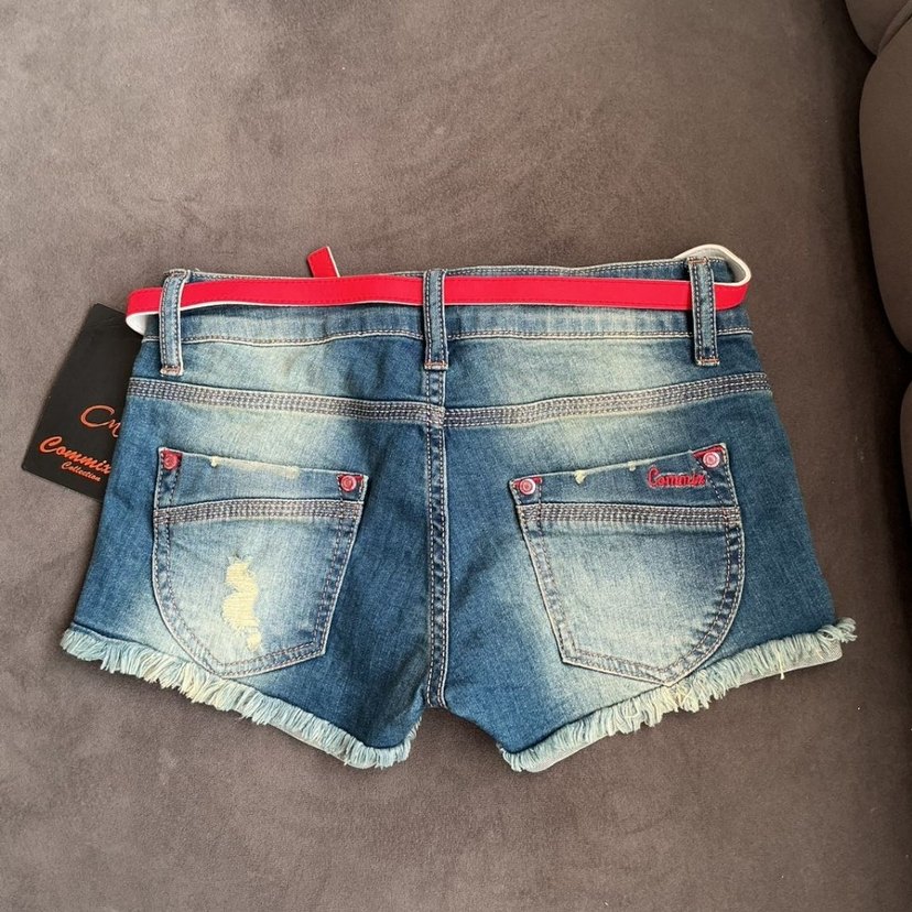 Y2k Düşük Bel Makro  Kırmızı Tokalı Kadın Kot Şort - Görsel 2