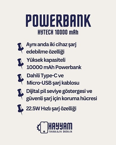 Hytech 10000 MAh hızlı şarj Powerbank - Görsel 2