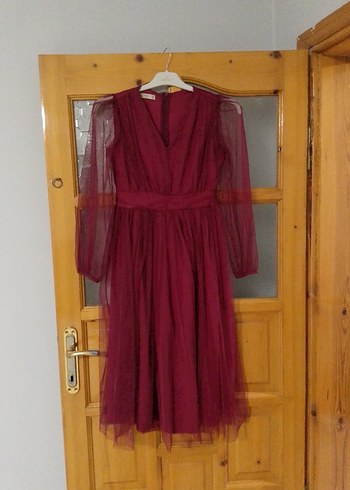 34 Beden Bordo Tül Elbise