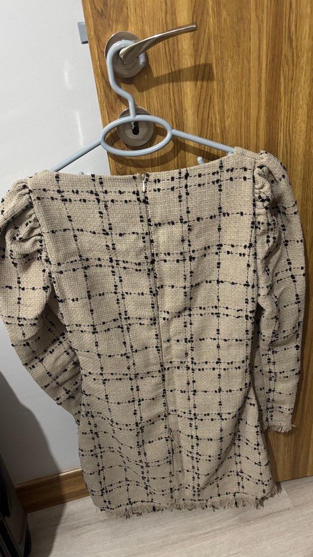 Bej Ekose Desenli Midi Kadın Elbise SML bedenlere uygundur  - Görsel 2