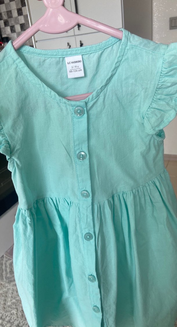 Turkuaz Kız Çocuk Fırfırlı Pamuklu Elbise - Görsel 2