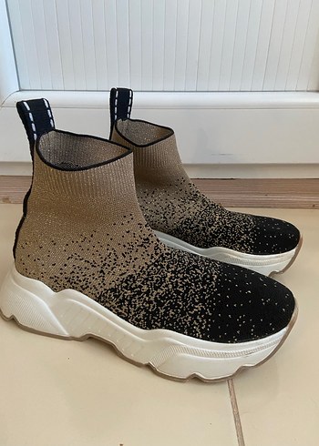 Simli siyah Bej Platform Triko Kadın Spor Ayakkabı - Görsel 4