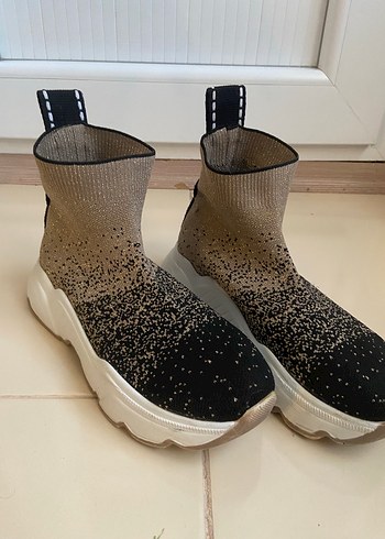 Simli siyah Bej Platform Triko Kadın Spor Ayakkabı - Görsel 5