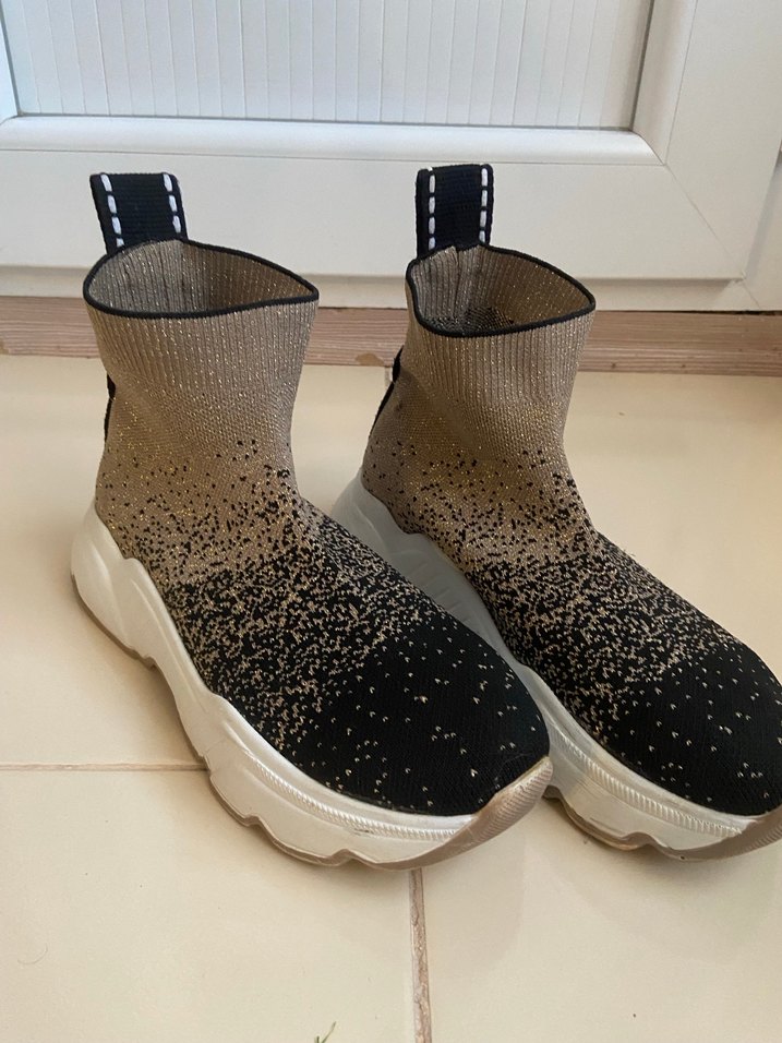 Simli siyah Bej Platform Triko Kadın Spor Ayakkabı - Görsel 5