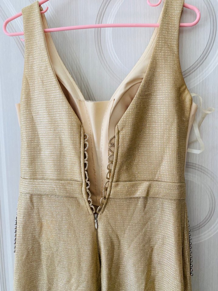 Bej V Yaka İşlemeli Uzun Abiye Elbise - Görsel 5