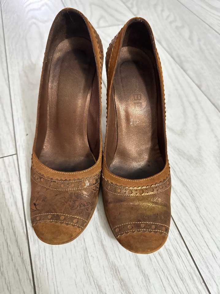 Kahverengi Deri Yılan Desenli Topuklu Kadın Ayakkabı - Görsel 2