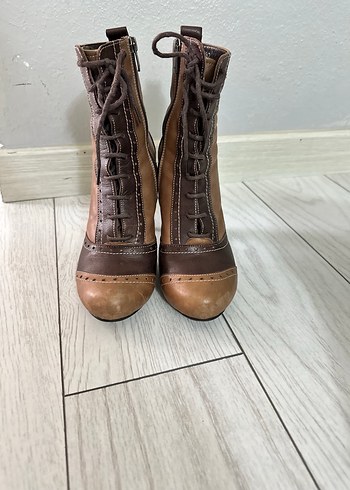 Kahverengi Deri Vintage Kadın Topuklu Bot - Görsel 2