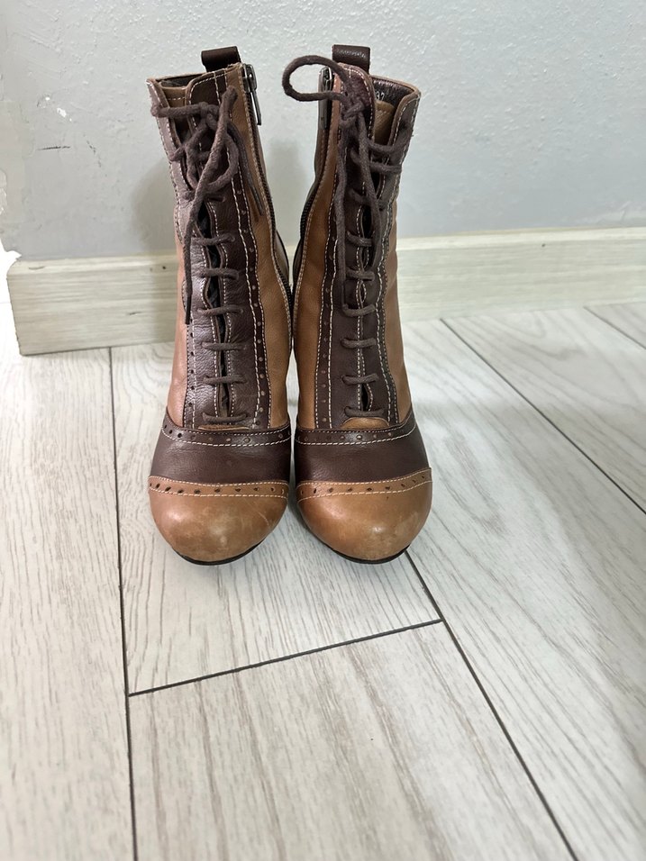 Kahverengi Deri Vintage Kadın Topuklu Bot - Görsel 2