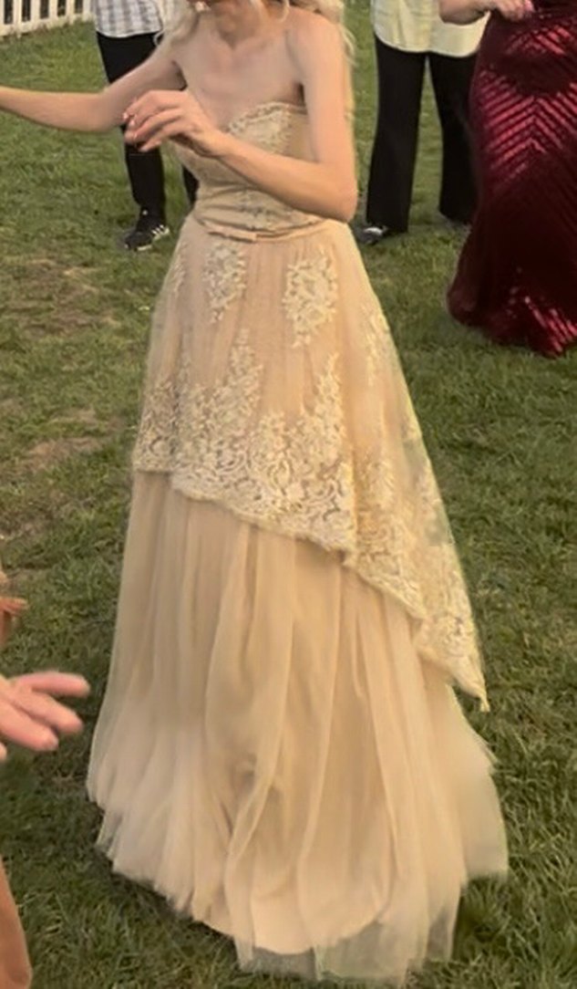 Drapeli Straplez Bej Uzun Abiye Elbise - Görsel 3