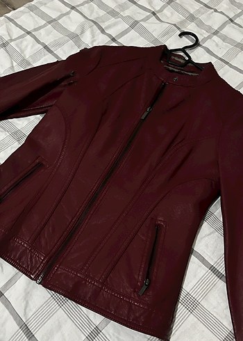 s Beden bordo Renk Bordo Kadın Deri Ceket Fermuarlı