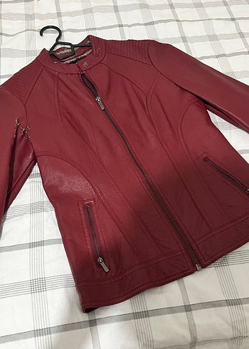 s Beden Bordo Kadın Deri Ceket Fermuarlı