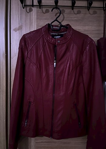LC Waikiki Bordo Kadın Deri Biker Ceket