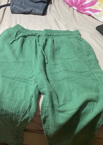 l Beden Yeşil Rahat Kesim Keten Kadın Pantolon