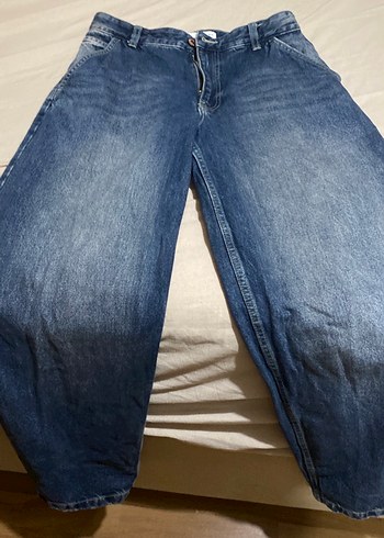 Kadın Mavi Bol Kesim Midi Denim Pantolon