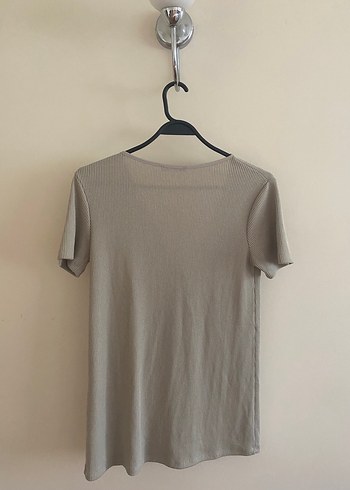 Zara V Yaka Kısa Kollu Bej yumuşak Kumaş Fitilli