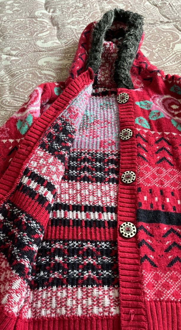 Kız Çocuk Kırmızı Desenli Triko Hırka - Görsel 3