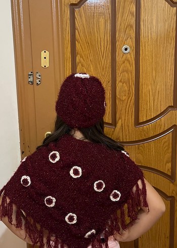 Bordo Nakışlı Örgü Kız Panço - Görsel 2