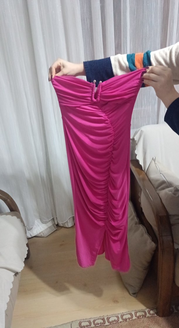 Pembe Drapeli Uzun Abiye Elbise - Görsel 5