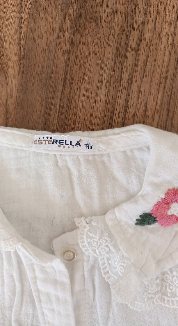 Dantel Yakalı Nakışlı Kız Keten Gömlek - Görsel 4