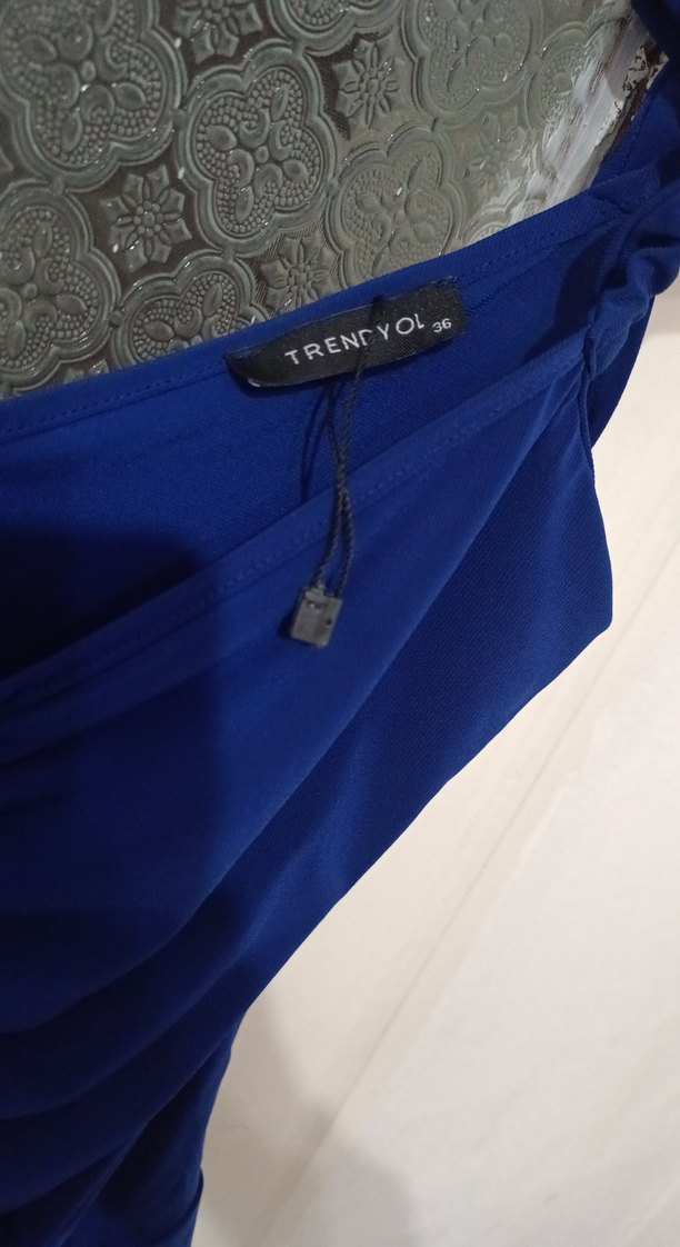 Drapeli Kısa Mini Mavi Kadın bluz - Görsel 2