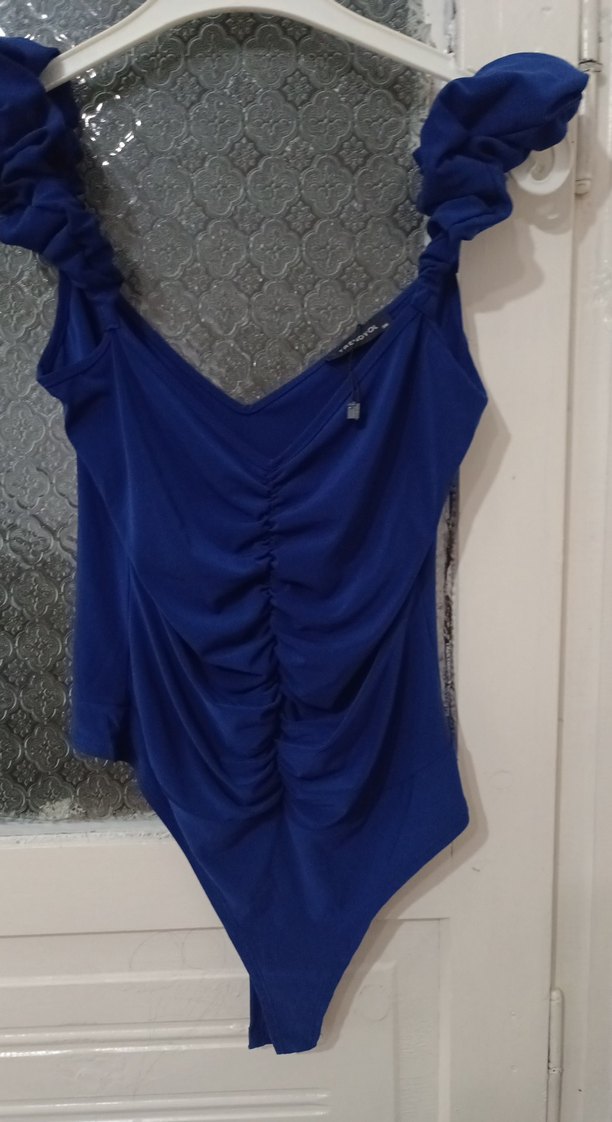 Drapeli Kısa Mini Mavi Kadın bluz - Görsel 3